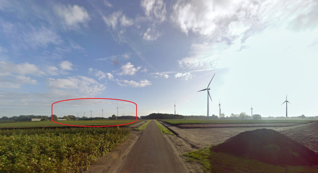 Artist impression windpark Hazeldonk West vanaf de Waaijenbergstraat in Zundert